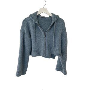 Zara Cropped Blue Knit Zip Hoodie With Side Vent Slits